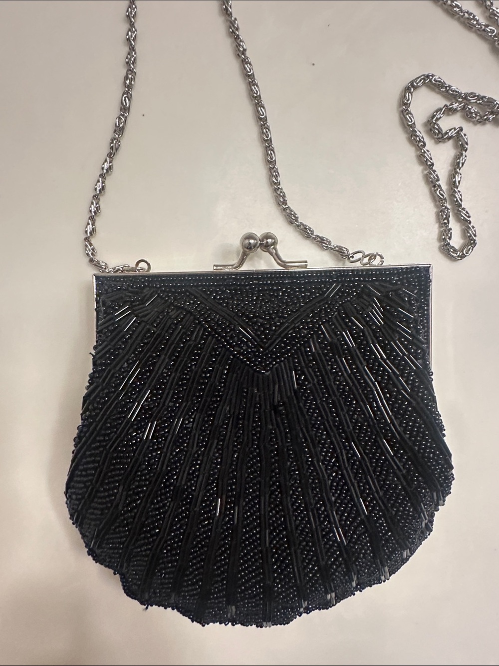Apt. 9 Black Beaded Kiss-Lock Evening Clutch with Silver Chain - Picture 1 of 8